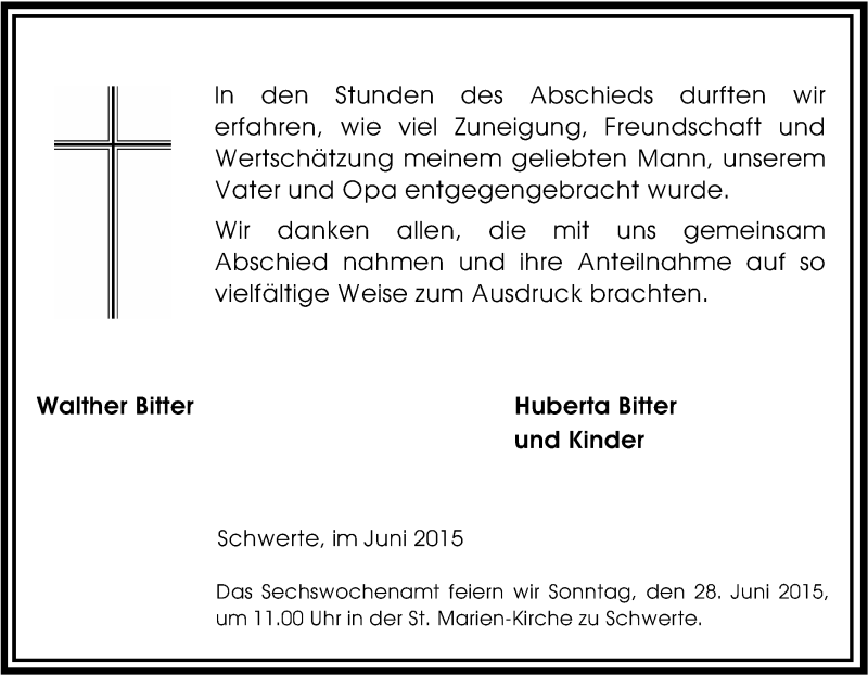  Traueranzeige für Walther Bitter vom 06.05.2015 aus Tageszeitung