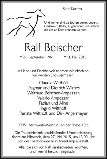 Traueranzeige von Ralf Beischer von Tageszeitung