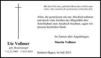 Traueranzeige von Ute Vollmer von Tageszeitung