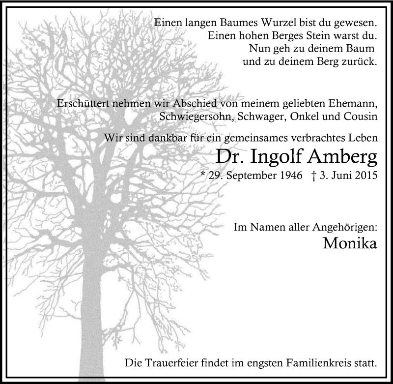  Traueranzeige für Ingolf Amberg vom 06.06.2015 aus Tageszeitung