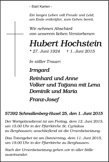 Traueranzeige von Hubert Hochstein von Tageszeitung