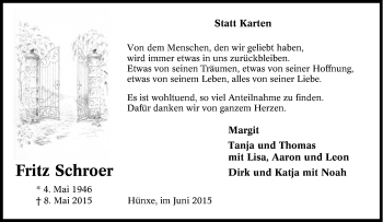 Traueranzeige von Fritz Schroer von Tageszeitung