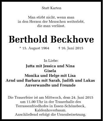 Traueranzeige von Berthold Beckhove von Tageszeitung