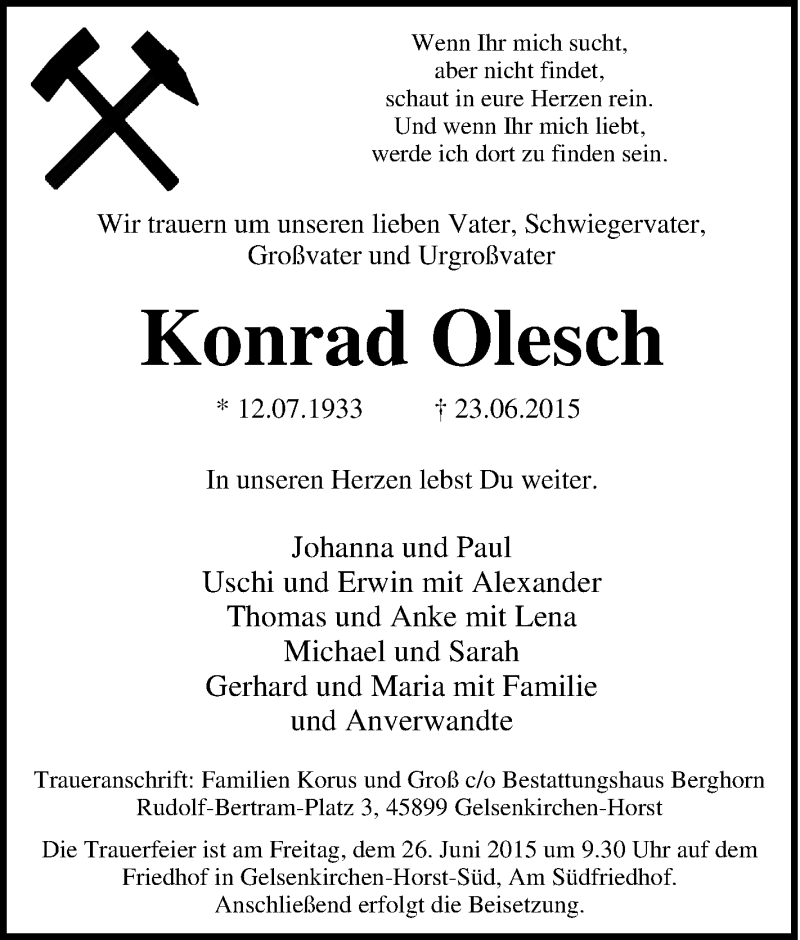  Traueranzeige für Konrad Olesch vom 25.06.2015 aus Tageszeitung