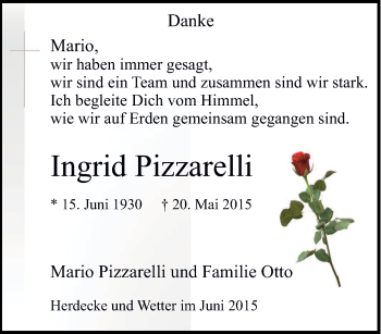 Traueranzeige von Ingrid Pizzarelli von Tageszeitung