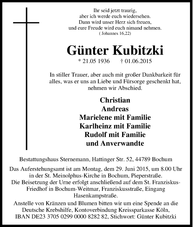  Traueranzeige für Günter Kubitzki vom 13.06.2015 aus Tageszeitung