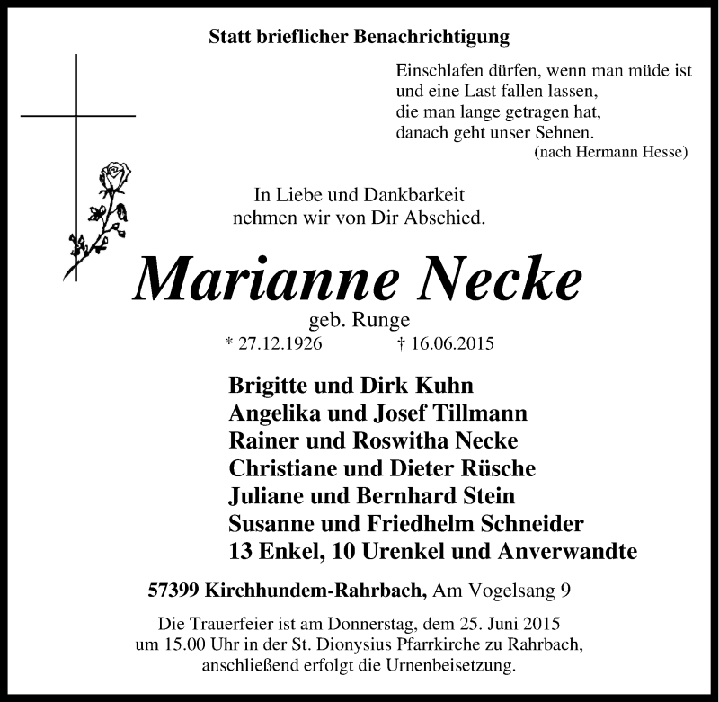  Traueranzeige für Marianne Necke vom 18.06.2015 aus Tageszeitung