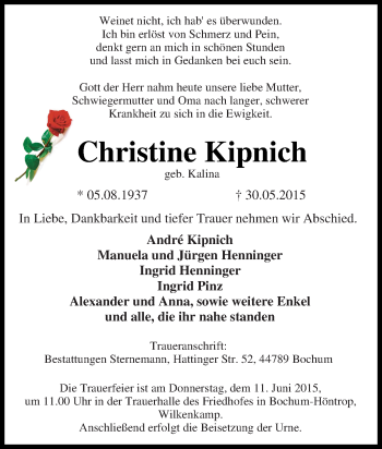 Traueranzeige von Christine Kipnich von Tageszeitung
