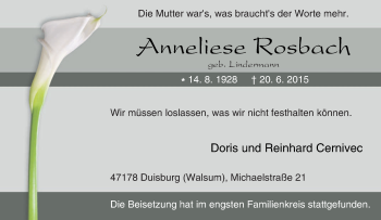 Traueranzeige von Anneliese Rosbach von Tageszeitung
