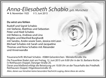 Traueranzeige von Anna-Eliesabeth Schabio von Tageszeitung