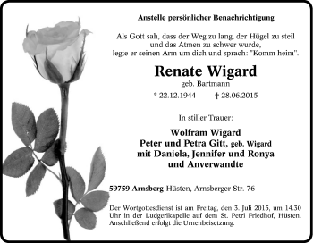 Traueranzeige von Renate Wigard von Tageszeitung