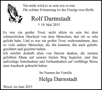 Traueranzeige von Rolf Darmstadt von Tageszeitung
