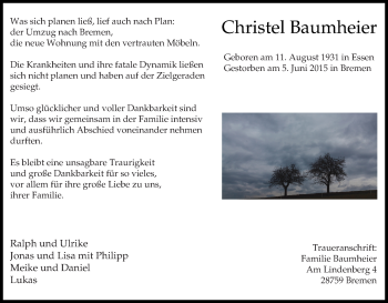Traueranzeige von Christel Baumheier von Tageszeitung