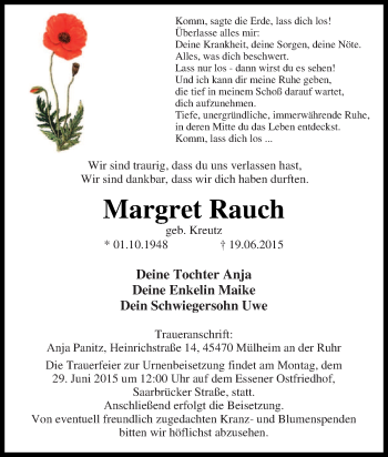 Traueranzeige von Margret Rauch von Tageszeitung