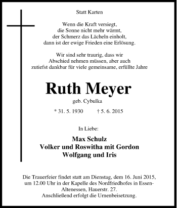 Traueranzeige von Ruth Meyer von Tageszeitung
