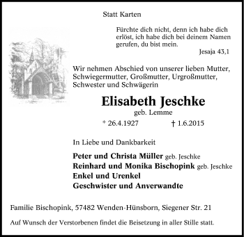 Traueranzeige von Elisabeth Jeschke von Tageszeitung