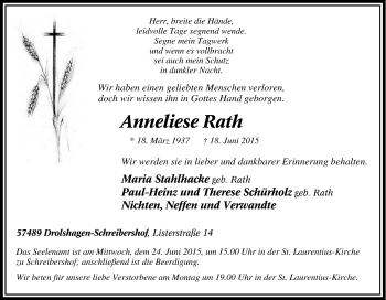 Traueranzeige von Anneliese Rath von Tageszeitung