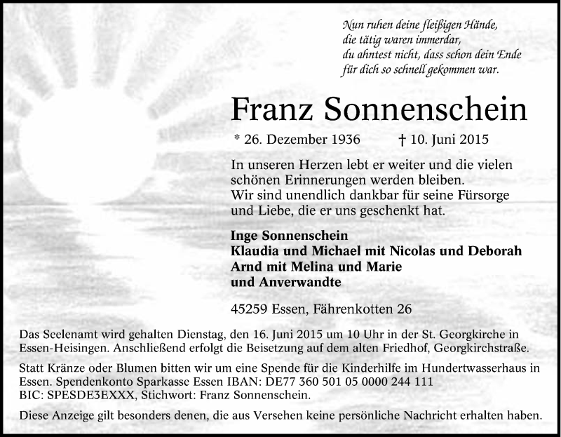 Traueranzeigen von Franz Sonnenschein TrauerinNRW.de