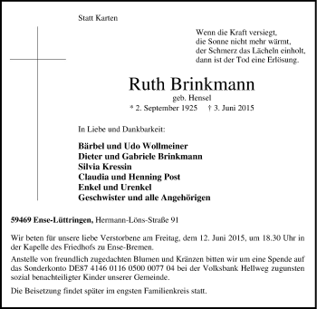 Traueranzeige von Ruth Brinkmann von Tageszeitung