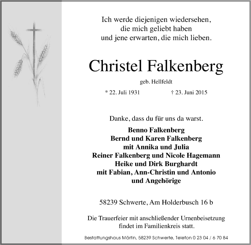  Traueranzeige für Christel Falkenberg vom 27.06.2015 aus Tageszeitung