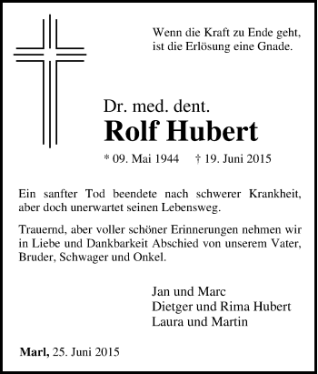 Traueranzeige von Rolf Hubert von Tageszeitung