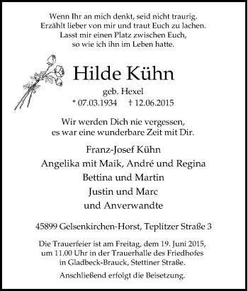 Traueranzeige von Hilde Kühn von Tageszeitung