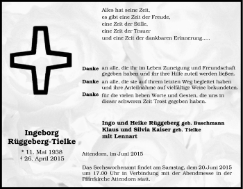 Traueranzeige von Ingeborg Rüggeberg-Tielke von Tageszeitung