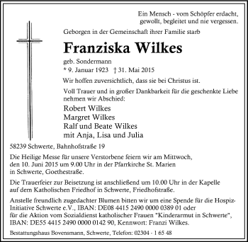 Traueranzeige von Franziska Wilkes von Tageszeitung