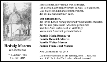 Traueranzeige von Hedwig Marcus von Tageszeitung