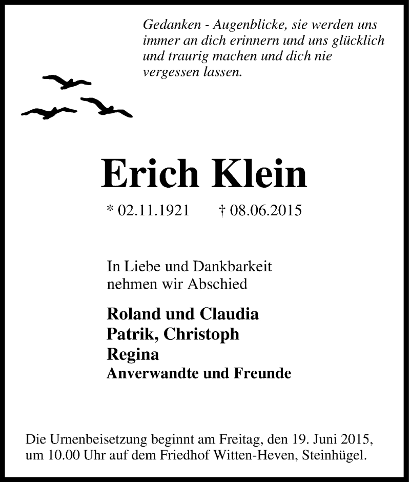  Traueranzeige für Erich Klein vom 17.06.2015 aus Tageszeitung