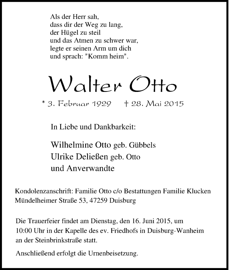  Traueranzeige für Walter Otto vom 13.06.2015 aus Tageszeitung
