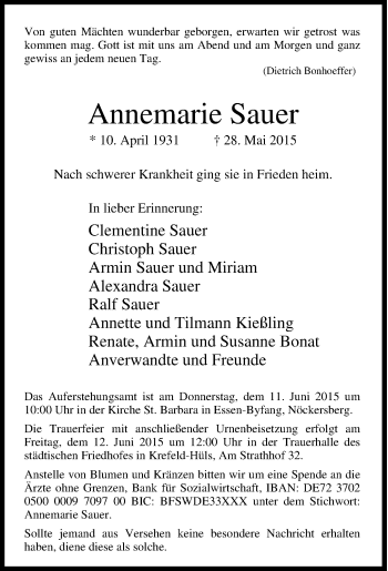 Traueranzeige von Annemarie Sauer von Tageszeitung