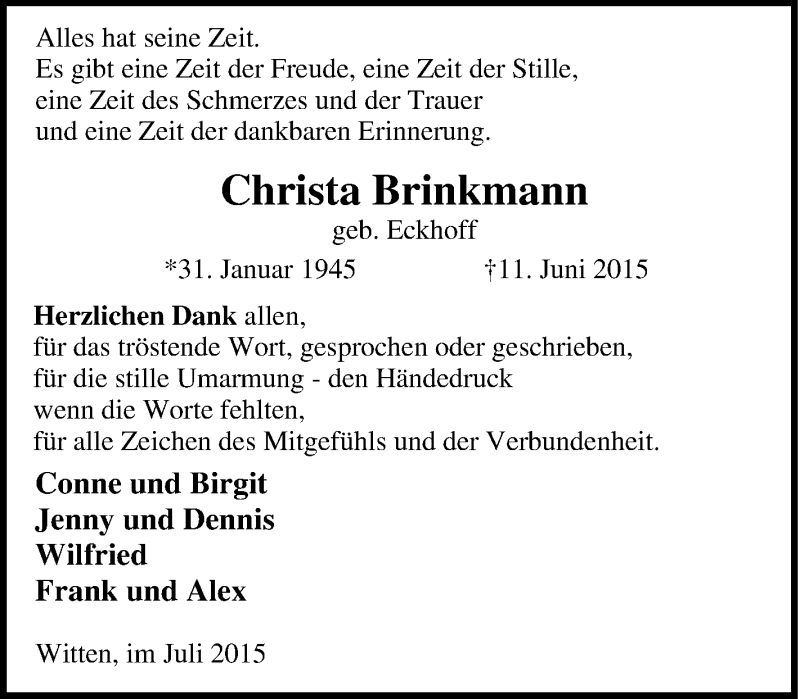  Traueranzeige für Christa Brinkmann vom 16.06.2015 aus Tageszeitung