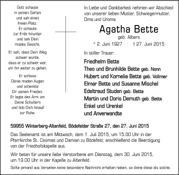 Traueranzeige von Agatha Bette von Tageszeitung