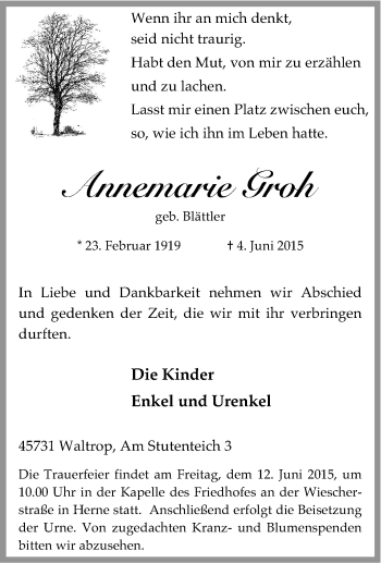 Traueranzeige von Annemarie Groh von Tageszeitung