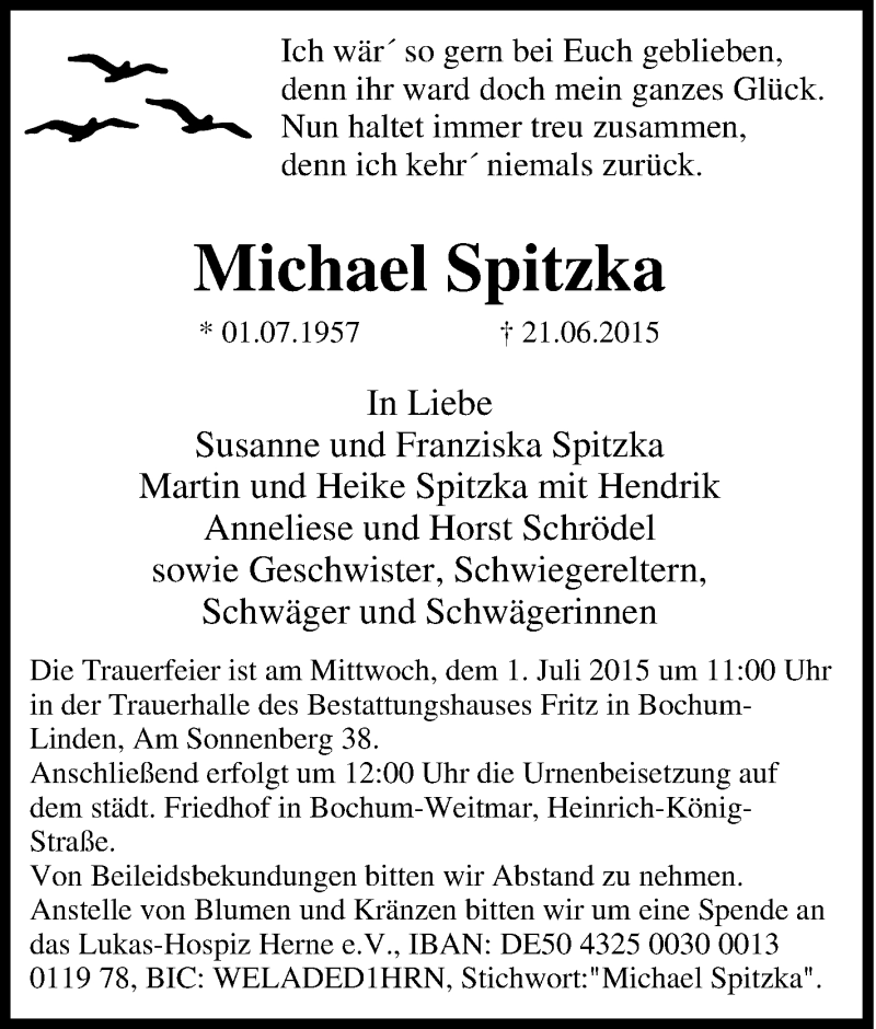  Traueranzeige für Michael Spitzka vom 26.06.2015 aus Tageszeitung