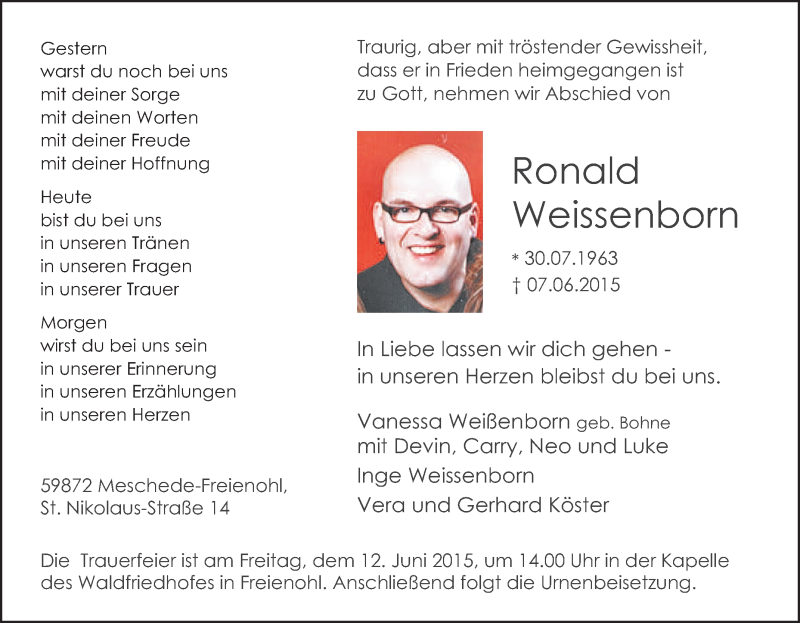  Traueranzeige für Ronald  Weissenborn vom 09.06.2015 aus Tageszeitung