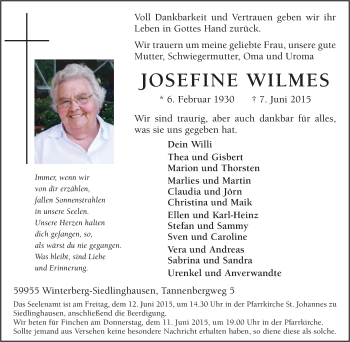 Traueranzeige von Josefine Wilmes von Tageszeitung