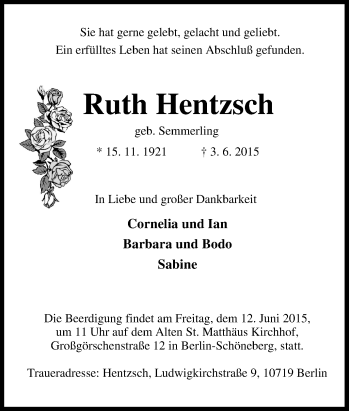 Traueranzeige von Ruth Hentzsch von Tageszeitung