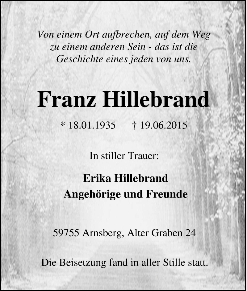  Traueranzeige für Franz Hillebrand vom 27.06.2015 aus Tageszeitung