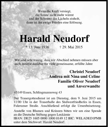 Traueranzeige von Harald Neudorf von Tageszeitung