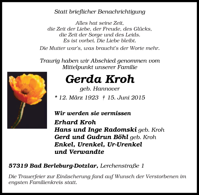  Traueranzeige für Gerda Kroh vom 22.06.2015 aus Tageszeitung