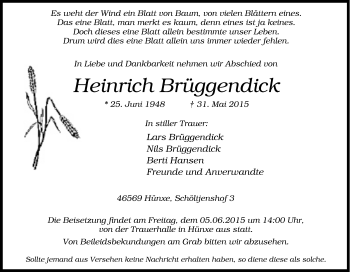 Traueranzeige von Heinrich Brüggendick von Tageszeitung