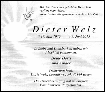Traueranzeige von Dieter Welz von Tageszeitung