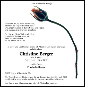Traueranzeige von Christine Berger von Tageszeitung