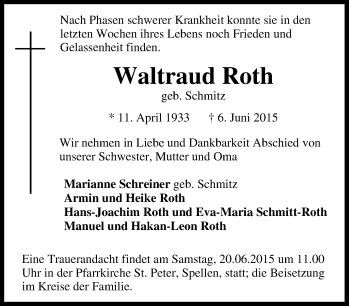 Traueranzeige von Waltraud Roth von Tageszeitung