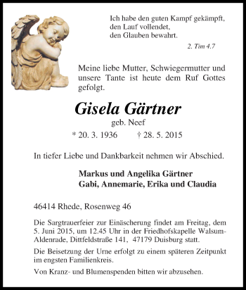 Traueranzeige von Gisela Gärtner von Tageszeitung