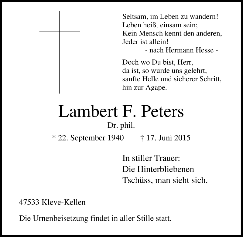  Traueranzeige für Lambert F. Peters vom 25.06.2015 aus Tageszeitung