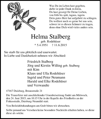 Traueranzeige von Helma Stalberg von Tageszeitung