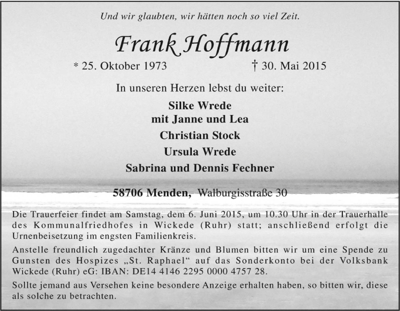  Traueranzeige für Frank Hoffmann vom 02.06.2015 aus Tageszeitung